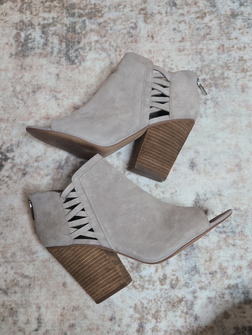 Vince Camuto Light Taupe Suede Peep-Toe Block Heel Booties